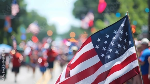 Fototapeta A patriotic 4th of July parade with the American flag in sharp focus in the foreground, Generative AI illustrations.