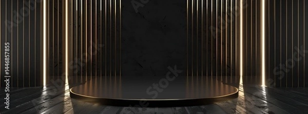 Obraz Empty round podium with gold neon lights on the wall, on a dark background.