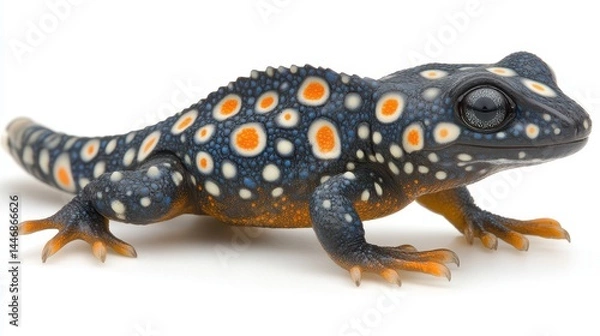 Obraz Colorful salamander on a bright background showcasing its unique skin pattern with vibrant orange and white spots on a dark blue body for design needs