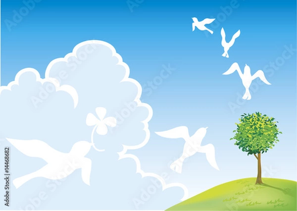 Obraz ハトと草原と木