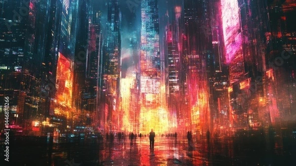 Fototapeta abstract futuristic cityscape with vibrant lighting and silhouet