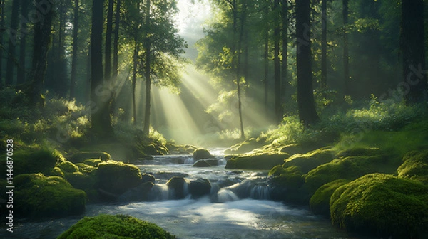 Obraz sun-dappled mossy trees and gentle stream in lush oregon forest