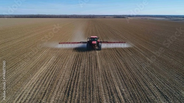 Obraz Aerial view of tractor spraying crops in large farm field