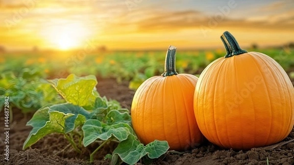 Obraz Vibrant Orange Pumpkins Surrounded by Green Leaves at Sunset
