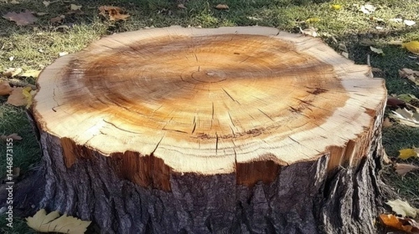 Fototapeta Closeup of weathered tree stump showing age rings, textured wood