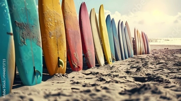 Fototapeta A beach full of summer sunshine, there is a row of colourful surfboards neatly arranged on the sand, Generative AI illustrations.