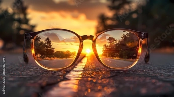Fototapeta A glasses reflecting the road ahead, with an endless horizon and trees in focus, Generative AI illustrations.
