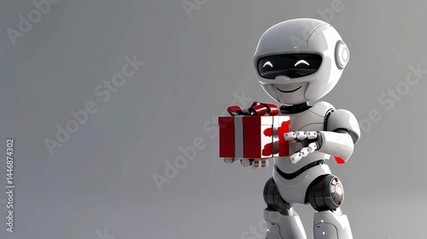Obraz A robot in grey and White color smiling and facing front offering gift red color box in cyberword, Generative AI illustrations.