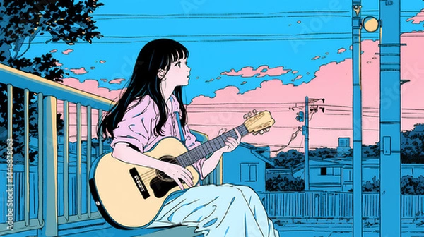 Fototapeta ギターを弾くアニメ風の女の子