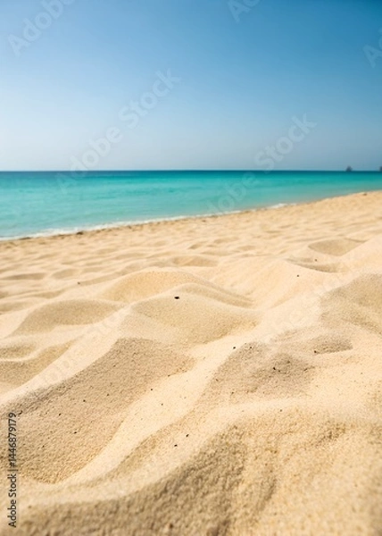 Fototapeta A close-up of rippled sand on a beach, with a calm turquoise ocean and clear blue sky in the background.