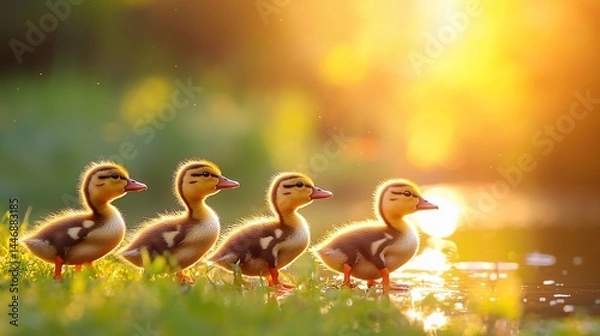 Fototapeta Four ducklings in a row, bathed in golden sunlight, near a body of water