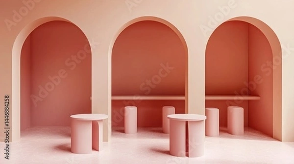 Obraz Monochromatic blush-toned interior with arched alcoves and minimalist furniture.