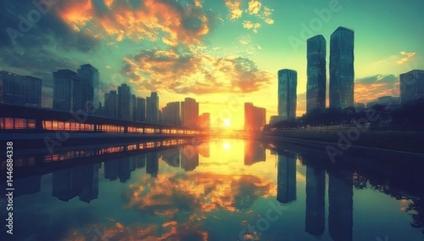 Fototapeta Vibrant sunset over city skyline reflected in calm water