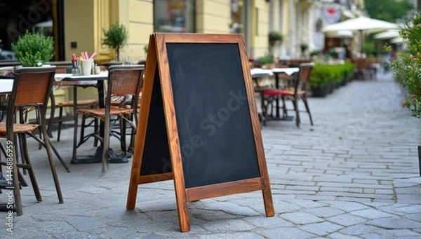 Fototapeta Empty A-frame chalkboard sidewalk sign outside a cafe