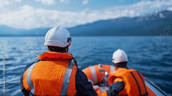 Obraz Two people in safety gear and helmets ride an inflatable boat on a lake surrounded by mountains.