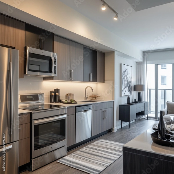 Fototapeta Open Concept Kitchen with Sleek Cabinets, Modern Appliances, and Spacious Layout