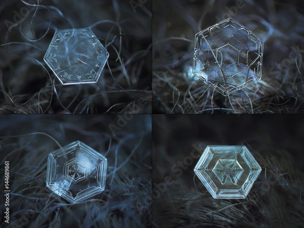 Fototapeta Set with four real snowflake macro photos: small hexagonal plate snow crystals with beautiful inner patterns, glowing on dark gray woolen background in diffused light of cloudy sky.