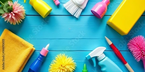 Obraz Vibrant cleaning tools and accessories arranged neatly on blue wooden surface, tools, surface, cleaning