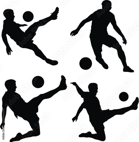 Fototapeta Silhouettes of Soccer Players in Action – Black and White Vector Illustration Featuring Dynamic Poses, Kicking Motions, Athletic Energy, Minimalist Design, Sports Art Graphic Element