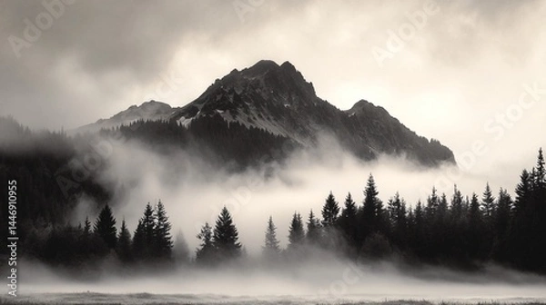 Obraz Misty mountain range shrouded in a grayscale landscape.