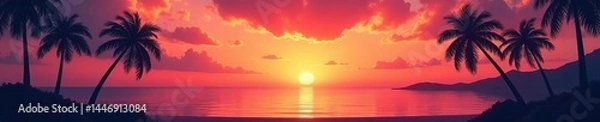 Fototapeta Vibrant sunset over calm sea with silhouetted palm trees, horizon, clouds, sky