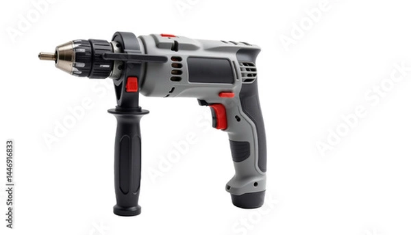 Fototapeta A powerful cordless drill, a versatile tool for various DIY and professional projects.  The drill is grey and black with red accents.