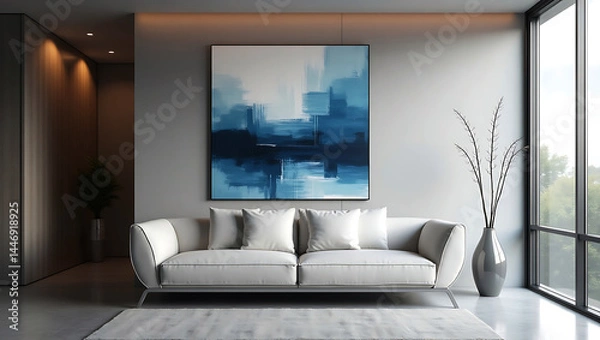 Fototapeta Modern Living Room Interior With Sofa Plants Coffee Table And Empty Wall