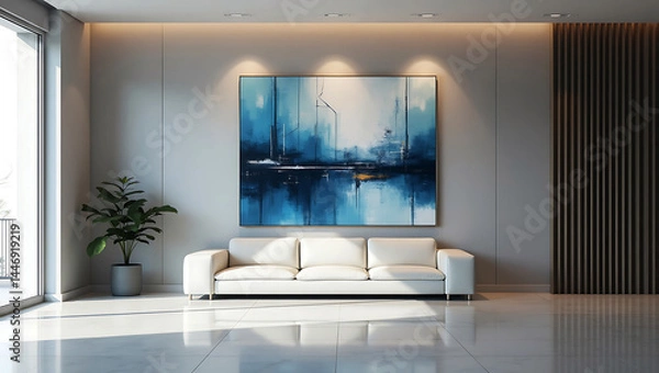 Fototapeta Modern Living Room Interior With Sofa Plants Coffee Table And Empty Wall