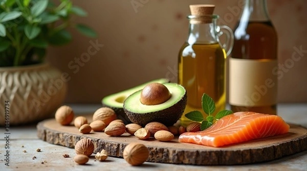 Obraz Healthy Fats. Fresh Organic Food On Table. Close Up Of Avocado, Nuts, Olive Oil And Salmon Fillet Lying On Wooden Cutting Board In Kitchen. Food Ingredients For Healthy Nutrition. High Quality