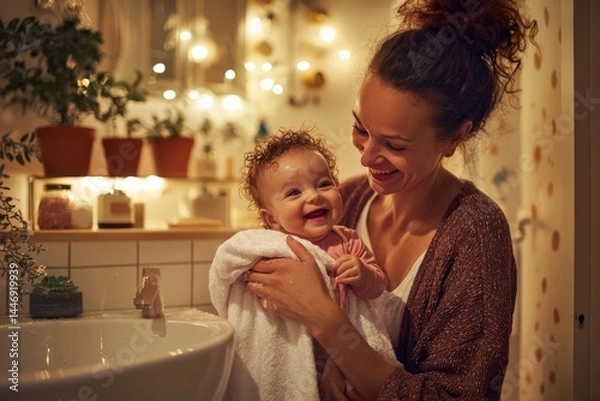 Obraz A warm bathroom filled with the smell of baby soap. A mother is tickling her newbornâ€™s tummy as she dries them with a towel. The mood is happy and light