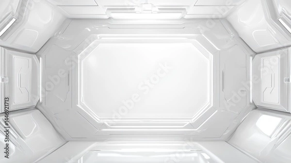 Fototapeta Futuristic white corridor inside a spaceship or station, clean and mod