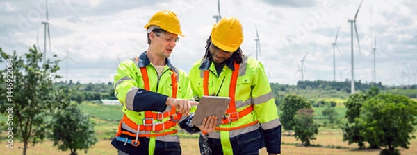 Obraz Two men in safety gear are looking at a tablet. They are wearing reflective vests and hard hats