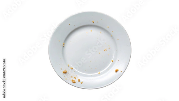 Fototapeta Empty white plate with scattered crumbs on transparency background, symbolizing finished meal or food leftovers with clean and simple design