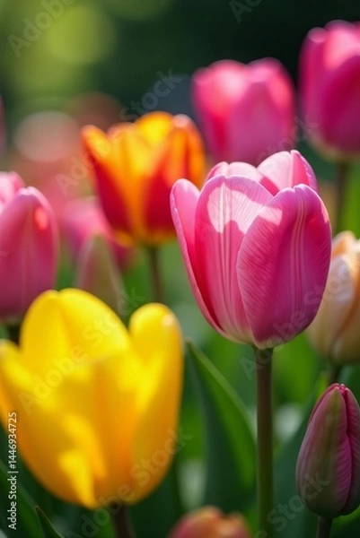 Fototapeta Close-up of a variety of colorful spring blooms in a beautiful garden setting, vibrant, variety, background