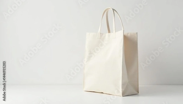 Fototapeta Elegant canvas shopping bag, handles up, pure white backdrop , elegant, up