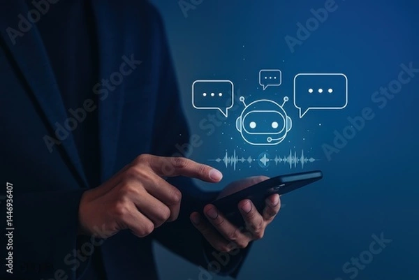 Fototapeta Man using smartphone with chatbot assistant on screen