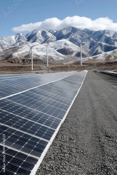 Fototapeta A vast solar power station, with numerous panels and wind turbines generating clean energy - installation energy clean renewable