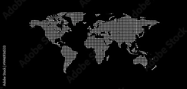 Obraz Black and white halftone dotted world map vector illustration, vector, retro