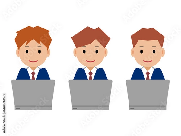 Fototapeta パソコンを操作する紺色スーツの若い男性