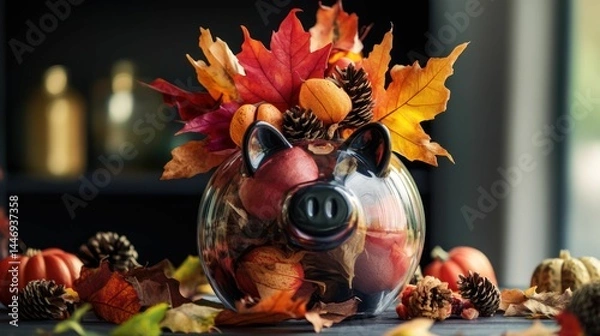 Fototapeta Fall harvest table arrangement of leaves and pumpkins in a piggy bank