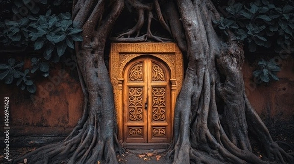 Obraz Intricately carved wooden door surrounded by ancient tree roots in a mystical forest setting