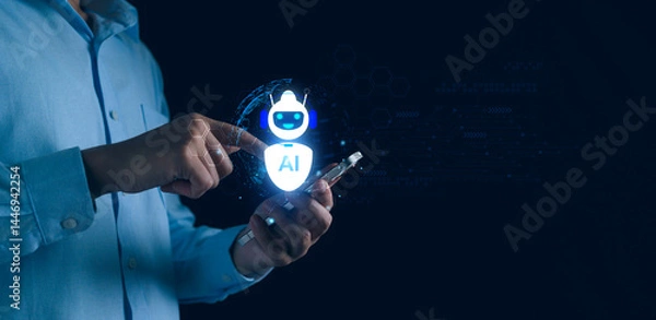 Obraz AI technology, Artificial Intelligence software concept, man using technology smart robot AI tech for business service