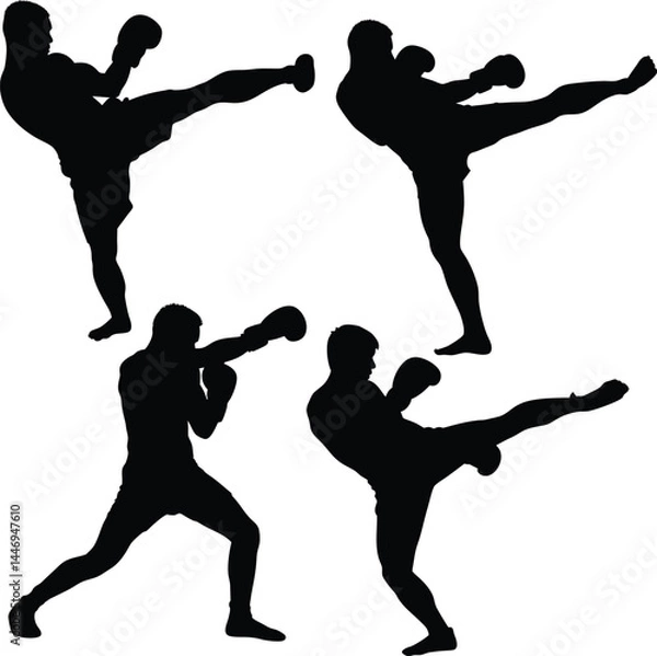 Fototapeta Silhouettes of Martial Artists in Action – High Contrast Black and White Vector Illustration with Kicking Poses, Dynamic Movements, Minimalist Design, and Fighting Stance Graphic