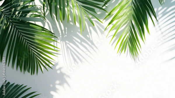 Obraz Green Palm Leaves and Shadows on Clean White Background in Sunlight Creating Modern Tropical Vibes


