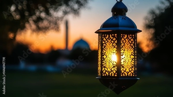 Fototapeta beautiful traditional ramadan a golden arabic lantern glowing at sunset by a tranquil lake with a scenic view of a mosque silhouette and starry evening sky