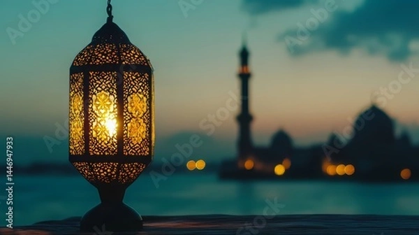 Fototapeta beautiful traditional ramadan a golden arabic lantern glowing at sunset by a tranquil lake with a scenic view of a mosque silhouette and starry evening sky