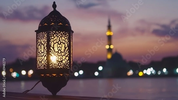 Fototapeta beautiful traditional ramadan a golden arabic lantern glowing at sunset by a tranquil lake with a scenic view of a mosque silhouette and starry evening sky