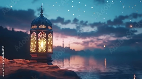Fototapeta beautiful traditional ramadan a golden arabic lantern glowing at sunset by a tranquil lake with a scenic view of a mosque silhouette and starry evening sky