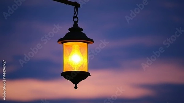 Fototapeta beautiful traditional ramadan a golden arabic lantern glowing at sunset by a tranquil lake with a scenic view of a mosque silhouette and starry sunset sky