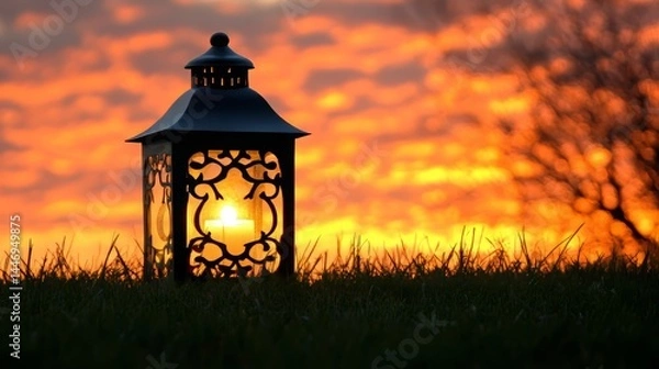 Fototapeta beautiful traditional ramadan a golden arabic lantern glowing at sunset by a tranquil lake with a scenic view of a mosque silhouette and starry sunset sky